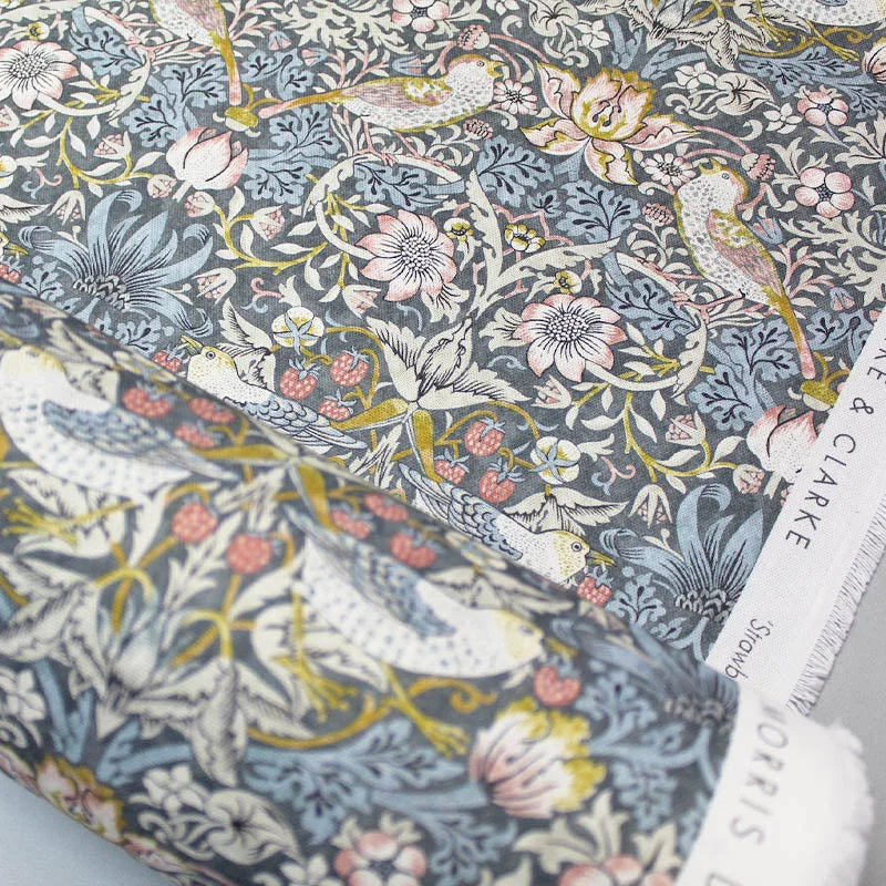 William Morris Soft Furnishing Cotton - Slate and Blush - Strawberry Thief