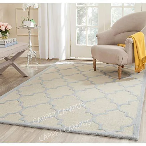 Carpet Campus Traditional Persian Geometric Modern Handmade Woolen Carpet Ivory & Light Blue 5 feet x 8 feet Carpets for Home-Living Room-Bedroom-Drawing Room-Floor and Also for Dining Hall.