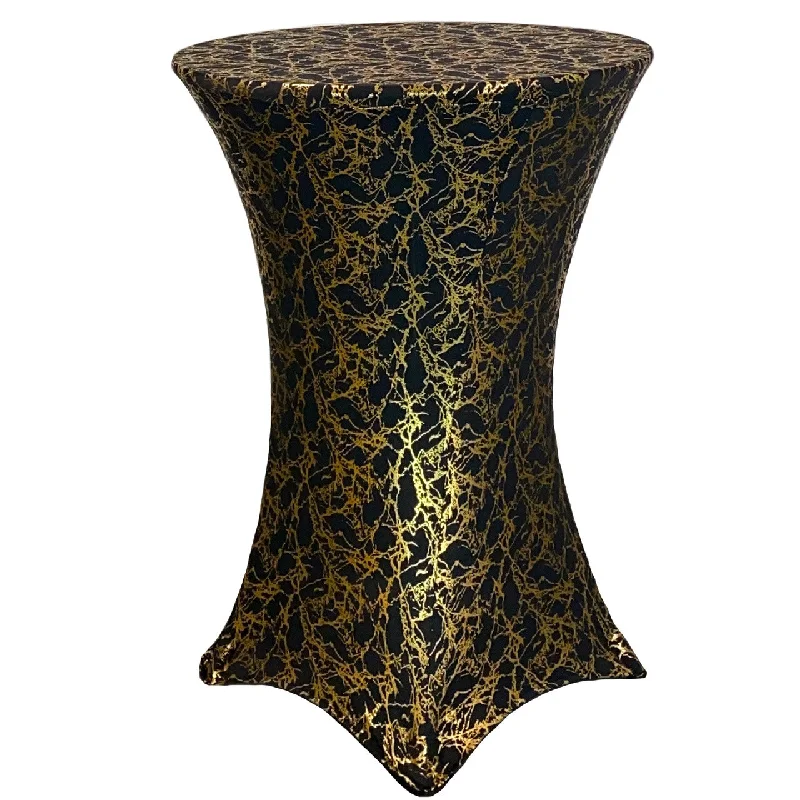 30 inch Highboy Cocktail Round Stretch Spandex Table Cover Black With Gold Marbling