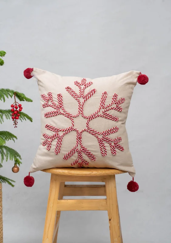 Frost Cushion 100% cotton thread embroidered cushion cover for sofa with red pom pom - Beige