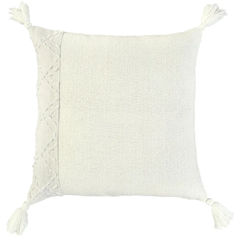 20" Ivory Herringbone Cotton Throw Pillow With Tassles