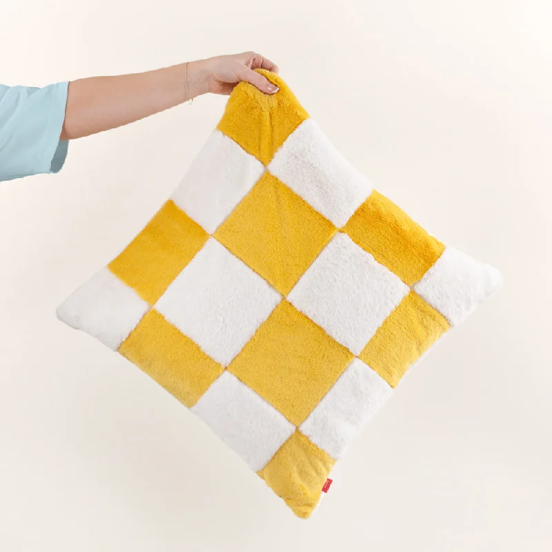 Cozee Check Faux Fur Cushion Yellow