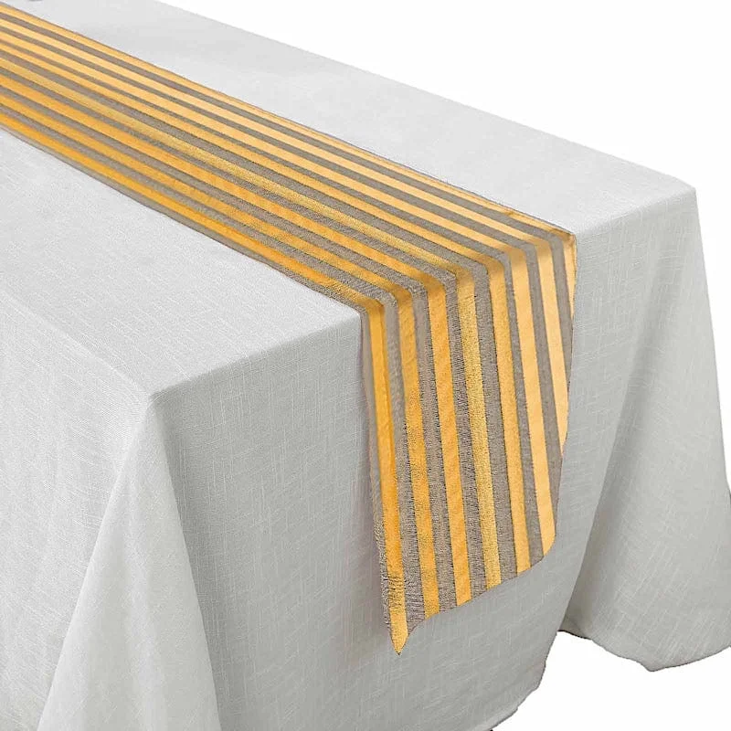 12"x108" Striped Faux Burlap Table Runner - Taupe and Gold