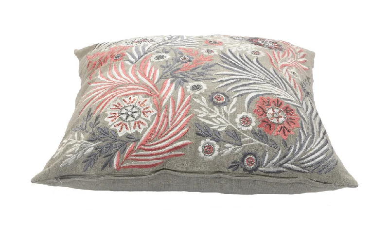 20" X 20" Gray Adn Pink 100% Cotton Floral Zippered Pillow