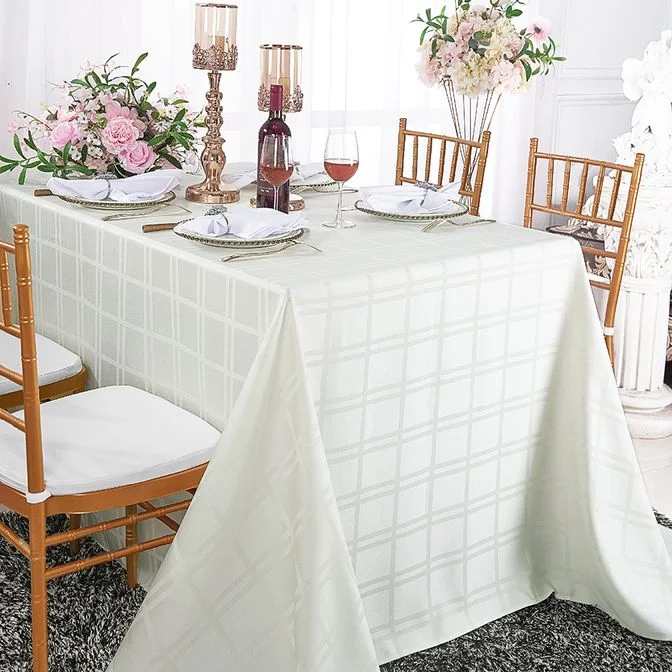 90"x156" Seamless Rectangular Plaid Jacquard Polyester (220 GSM) Tablecloth - Ivory (1pc)