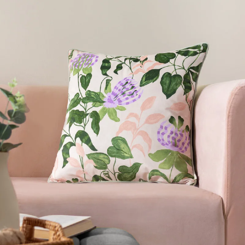 Passiflora Piped Velvet Cushion Peach/Vine Green