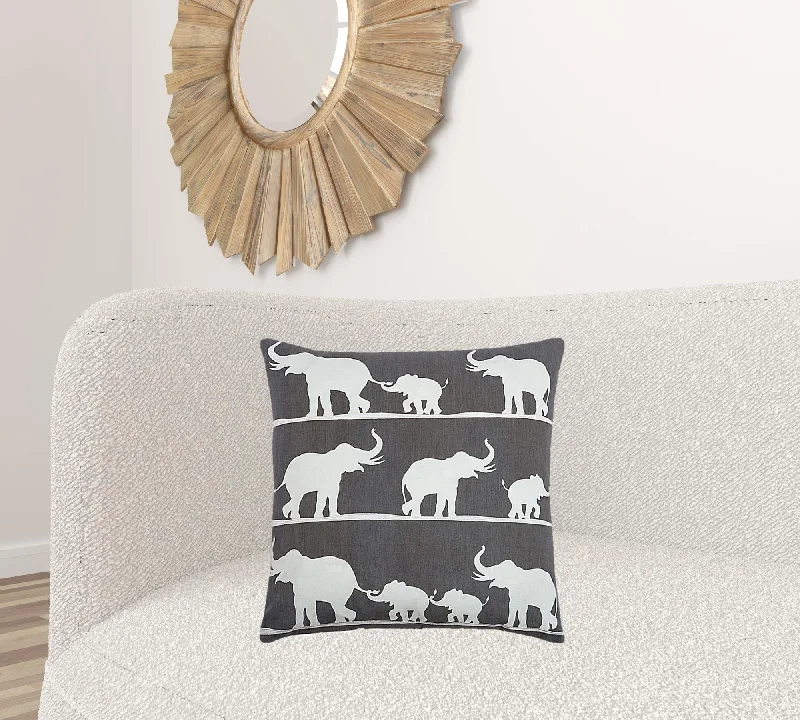 Gray and White Elephant Parade Down Filled Throw Pillow