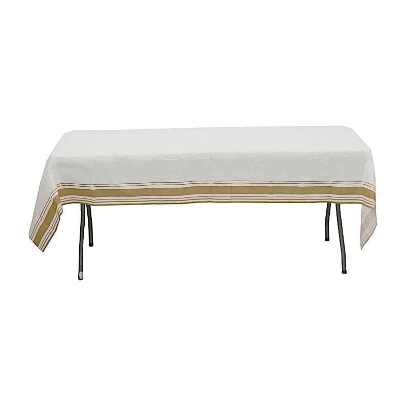 50" x 108" Airlaid Paper Rectangular Tablecloth with Gold Striped Border - White