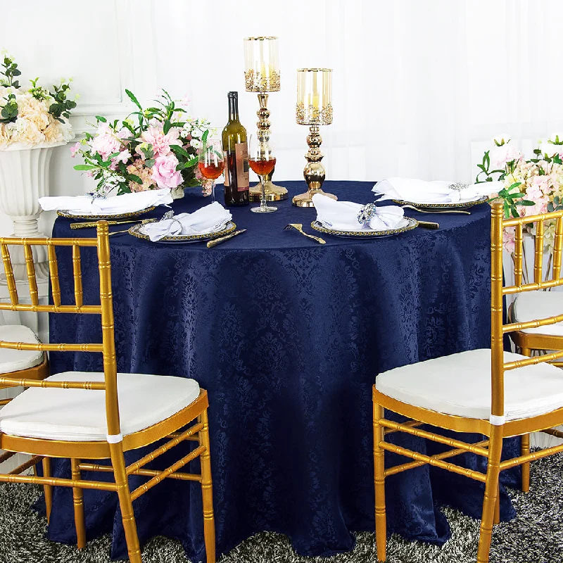 108" Seamless Round Marquis Damask Jacquard Polyester (220 GSM) Tablecloth - Navy Blue (1pc)