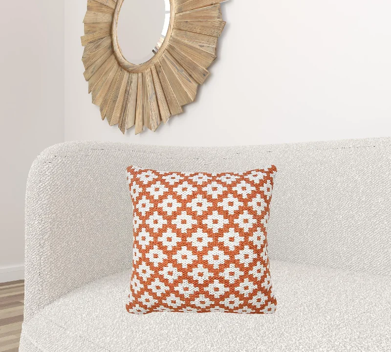 20" X 20" Orange And White 100% Cotton Geometric Zippered Pillow