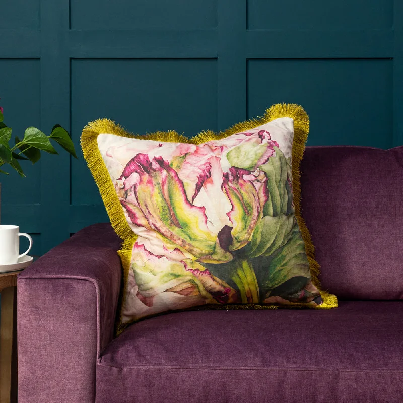 Heligan Printed Fringed Feather Cushion Fuchsia