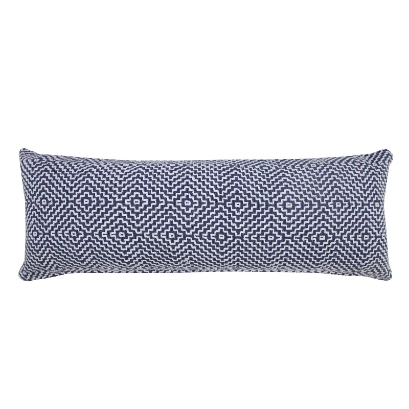 14" X 36" Blue And White 100% Cotton Geometric Zippered Pillow