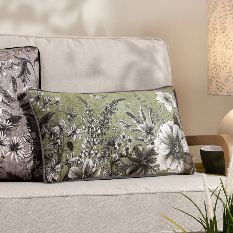 Harlington Gardenia Floral Piped Cushion Moss