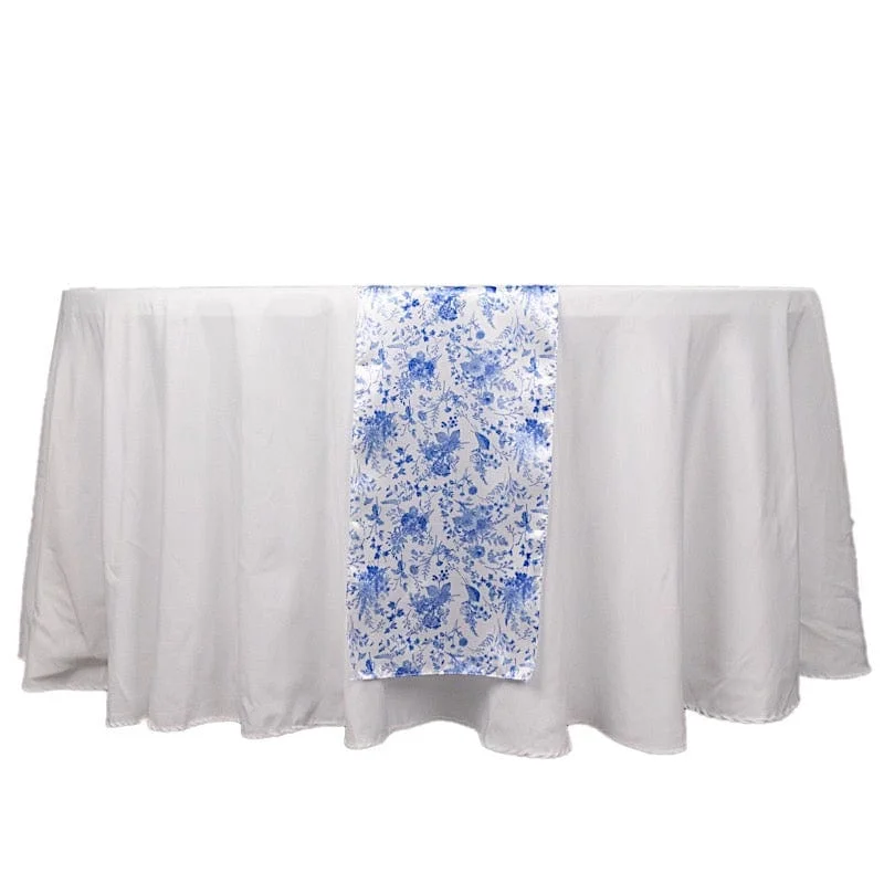 12"x108" Floral Satin Table Runner Wedding Linens - White with Blue