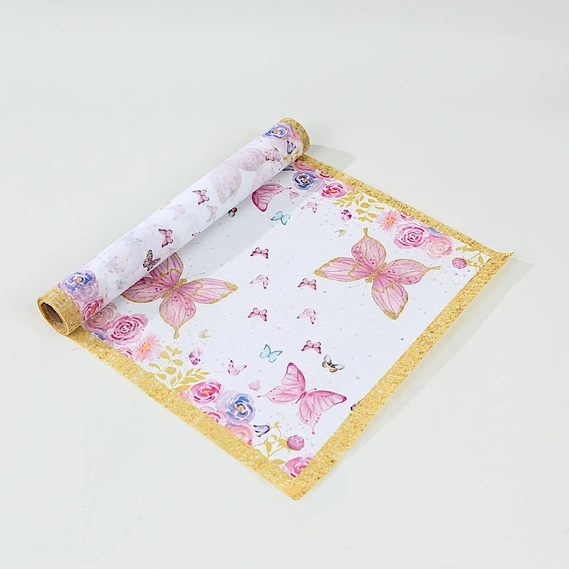 11" x 108" Non-Woven Butterfly Floral Table Runners with Gold Edges - White and Pink