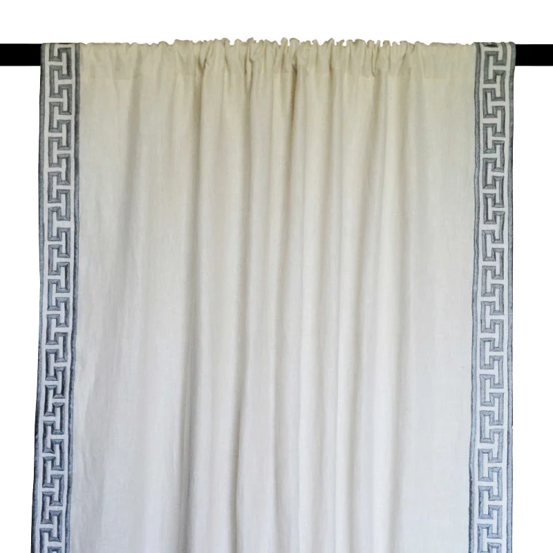 Ivory Linen Curtain With Gray Greek Key Embroidery On Either Side