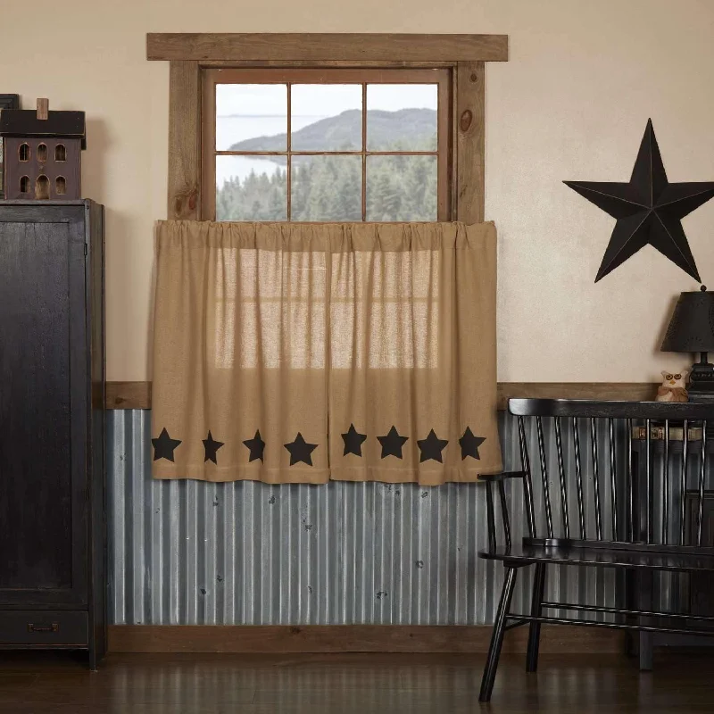 Burlap w/Black Stencil Stars Tier Curtain Set of 2 L36xW36