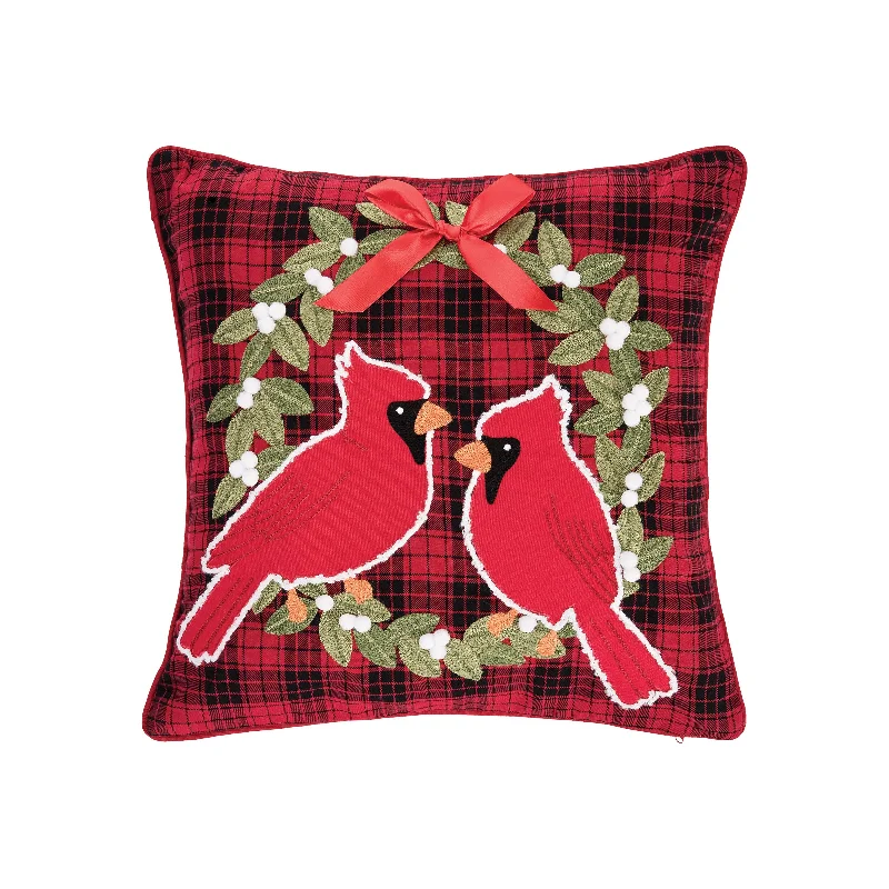 Cardinal Plaid Wreath Decorative Pillow