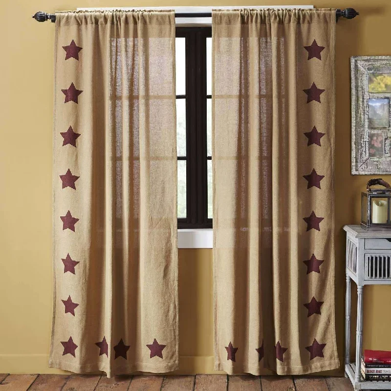 Burlap w/Burgundy Stencil Stars Panel Curtain Set of 2 84"x40"