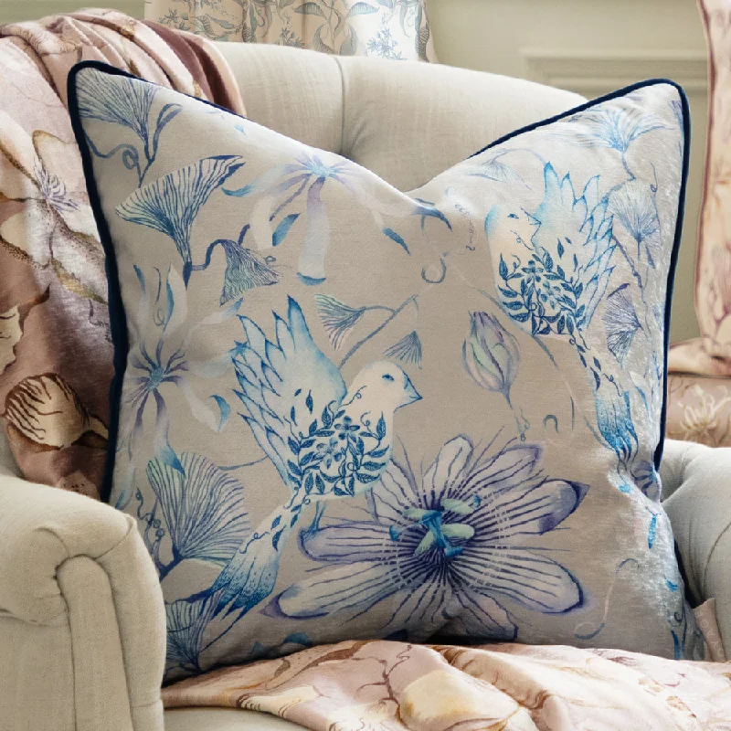 Sybil Printed Piped Cushion Blue