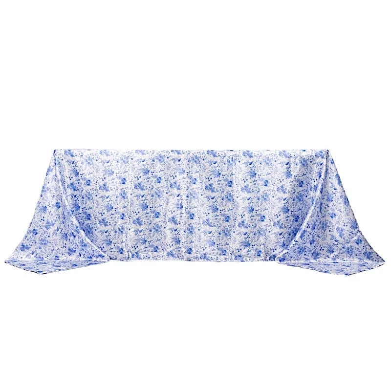 90" x 132" Floral Satin Rectangular Tablecloth - White with Blue