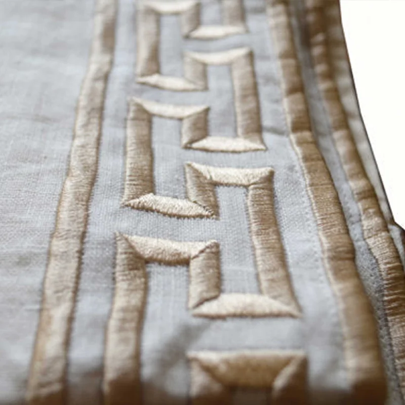 Ivory Linen Curtain with Exquisite Greek key Trim Embroidery